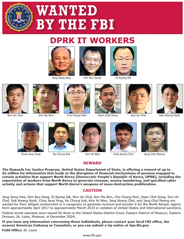 FBI wanted poster for North Korean IT workers with rewards up to 5 million USD