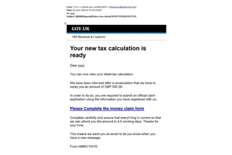 Example phishing email impersonating HMRC with fake tax refund notification