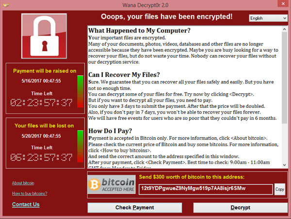 WannaCry ransomware lock screen demanding Bitcoin payment to decrypt files