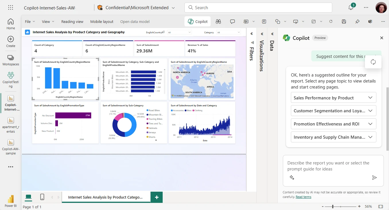 Power BI Copilot generating an Internet Sales Analysis report from a natural language prompt