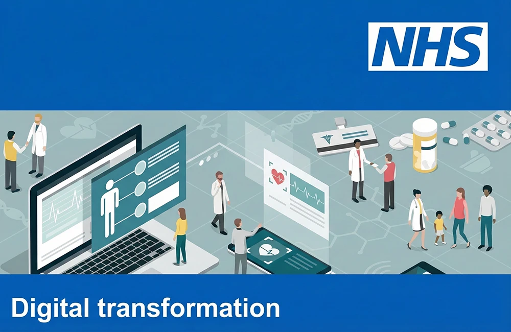 NHS digital transformation illustration showing healthcare professionals using data analytics