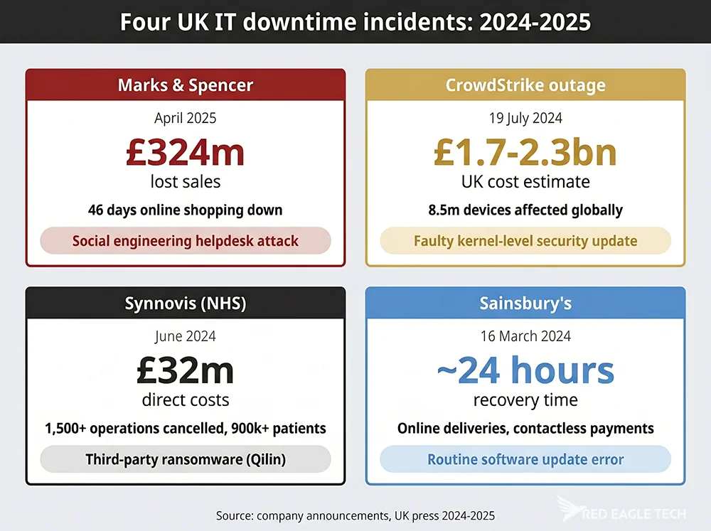 UK IT downtime 2024-2025: M&S £324m (46 days down), CrowdStrike £1.7-2.3bn UK, Synnovis £32m NHS, Sainsbury's 24hr fix.