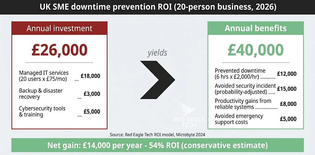 UK SME downtime prevention ROI: £26,000 investment yields £40,000 benefits, net £14,000 (54% ROI) for 20-person business.
