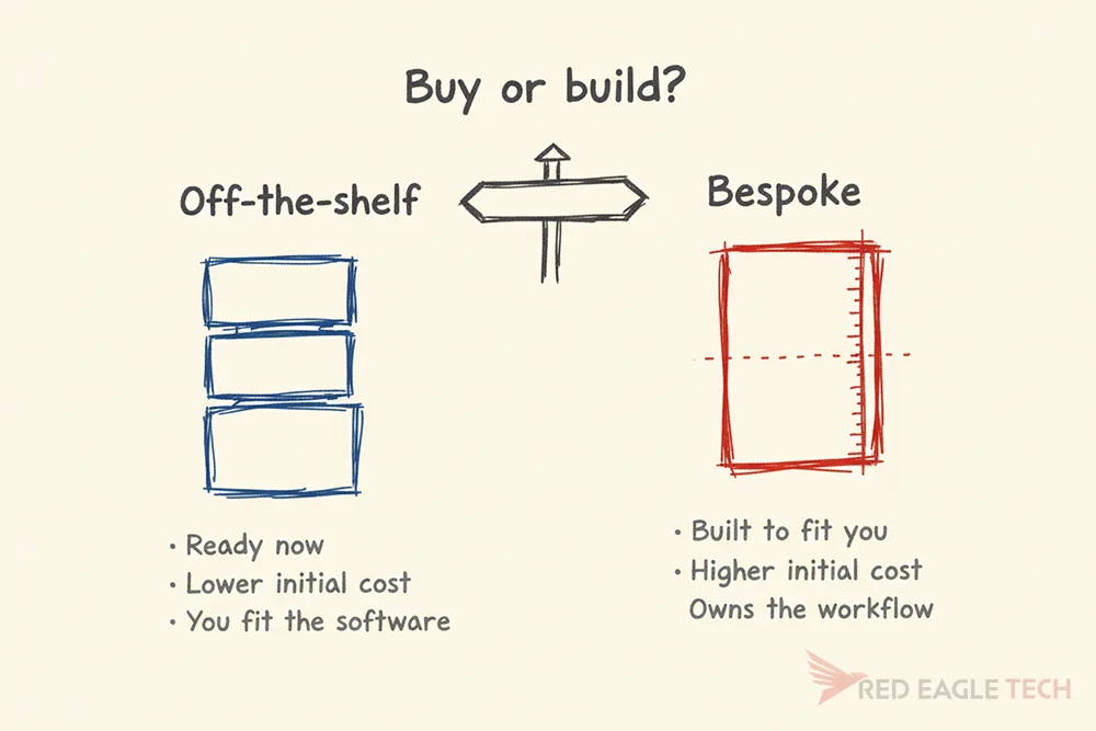 Hand-drawn sketch weighing off-the-shelf software against bespoke software across cost, speed and fit
