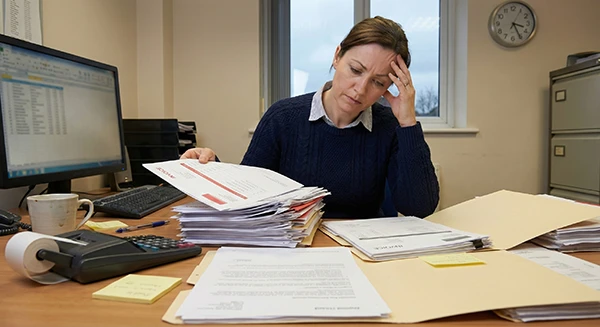 UK office professional surrounded by paperwork and invoices, illustrating the burden of manual administrative processes