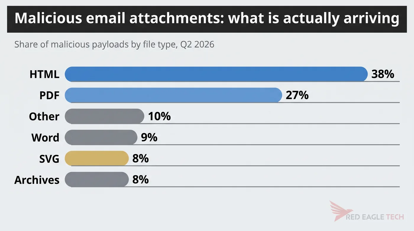 Bar chart of malicious email payloads by file type in Q2 2026: HTML 38%, PDF 27%, other 10%, Word 9%, SVG 8%, archives 8%
