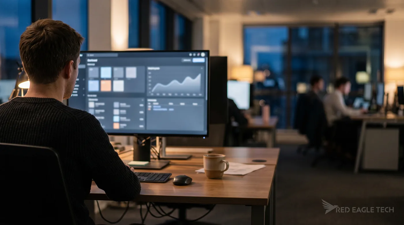 An engineer reviewing a file-processing dashboard on a monitor in a quiet office at the end of the working day