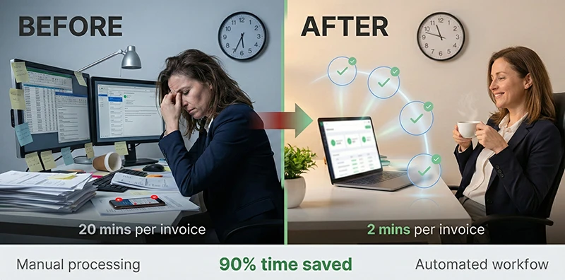 Before and after comparison showing stressed manual processing versus calm automated workflow with 90% time savings