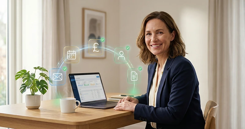 Business owner confidently using automation technology at their desk with workflow nodes floating around them