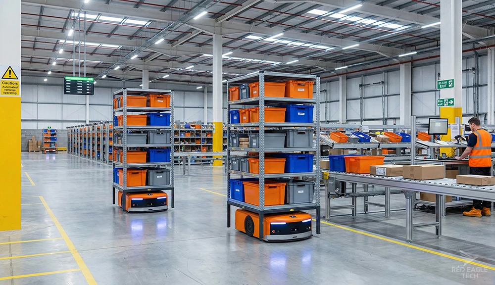 Inside a modern automated distribution centre with robotic systems, conveyor belts, and shelving grids processing ecommerce orders