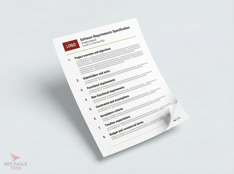Software requirements specification document structure showing the 8 essential sections