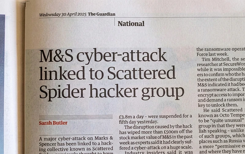 Guardian newspaper headline reporting on the M&S cyber attack linked to Scattered Spider hacker group