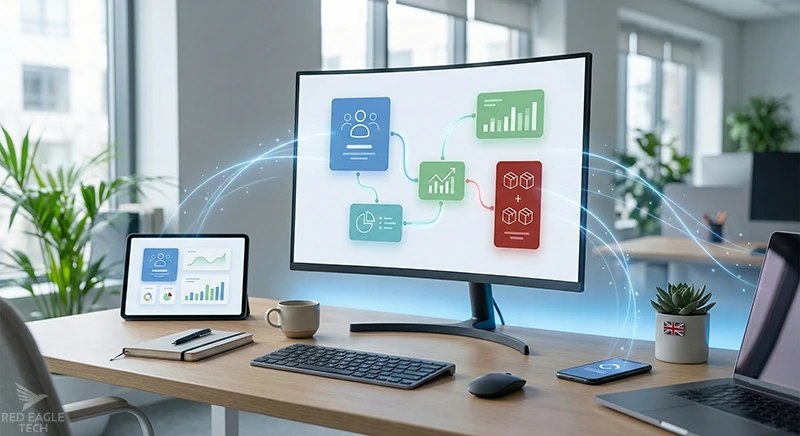 Modern UK office workspace showing connected business systems with data flowing between devices