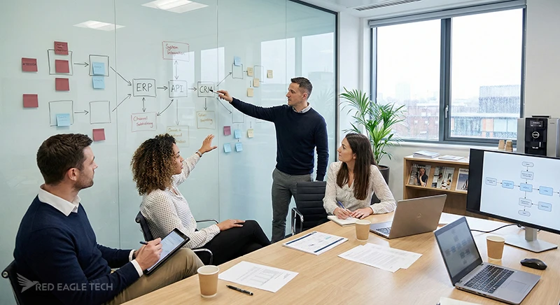 Business team planning a system integration project in a modern UK office, reviewing architecture diagrams on a whiteboard