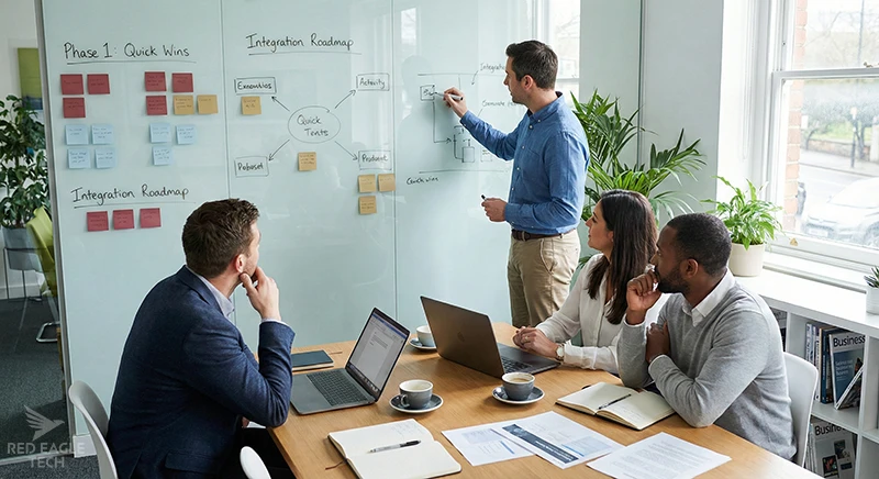 UK SME leadership team planning digital transformation strategy in a modern office meeting room