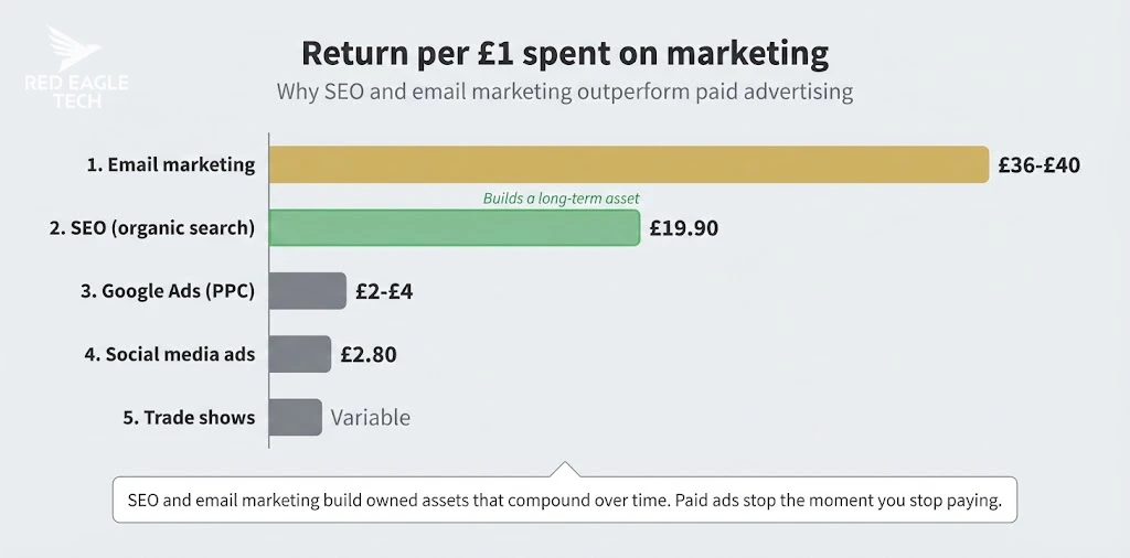 Marketing ROI comparison showing SEO returns £19.90 per pound spent compared to £2 to £4 for paid advertising