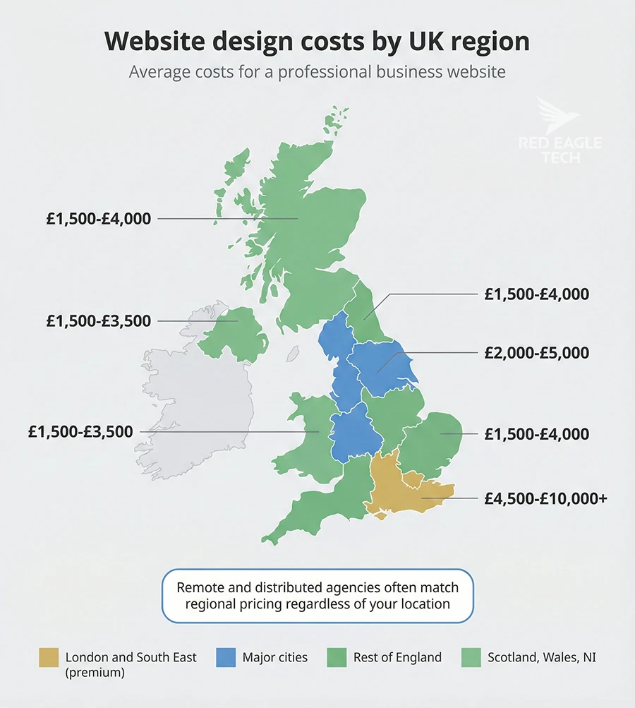 Map of UK showing website design costs by region, from £1,500 in Scotland and Wales to £10,000 plus in London