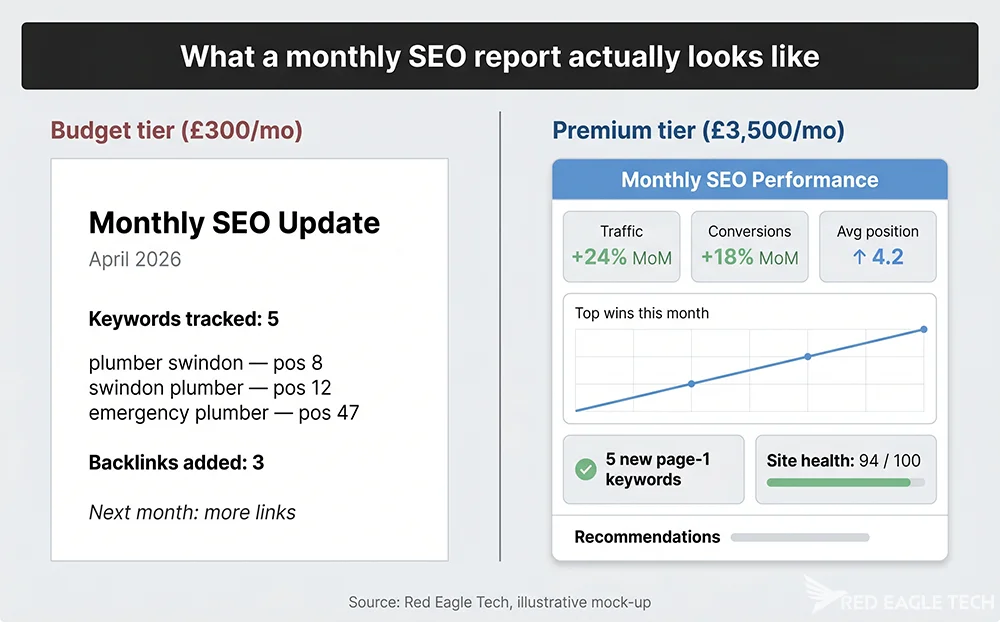 Side-by-side mock-up of monthly SEO reports - budget tier shows three plain-text rankings, premium tier shows a full dashboard with traffic, conversions, site health and recommendations