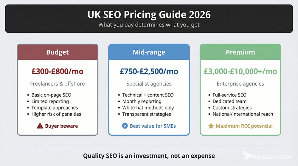 UK SEO pricing guide 2026 showing three tiers: Budget (£300-£800/month from freelancers), Mid-range (£750-£2,500/month from specialist agencies), and Premium (£3,000-£10,000+/month from enterprise agencies)