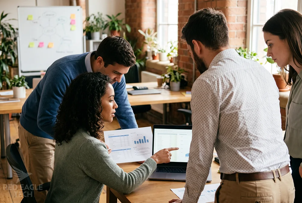 UK marketing team reviewing keyword and content data on a laptop in a natural office setting with sticky notes, plants and warm daylight