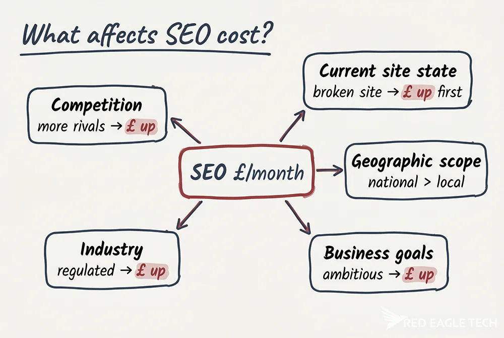 Hand-drawn whiteboard sketch showing five SEO cost drivers - competition, current site state, geographic scope, business goals, industry - radiating from a central SEO £/month node