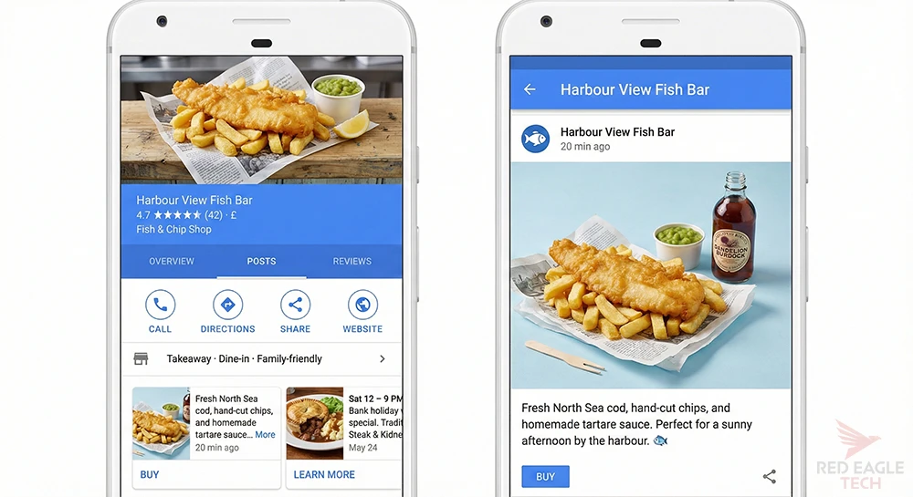 Google Business Profile posts example showing a fish and chip shop listing with posts on two smartphone screens