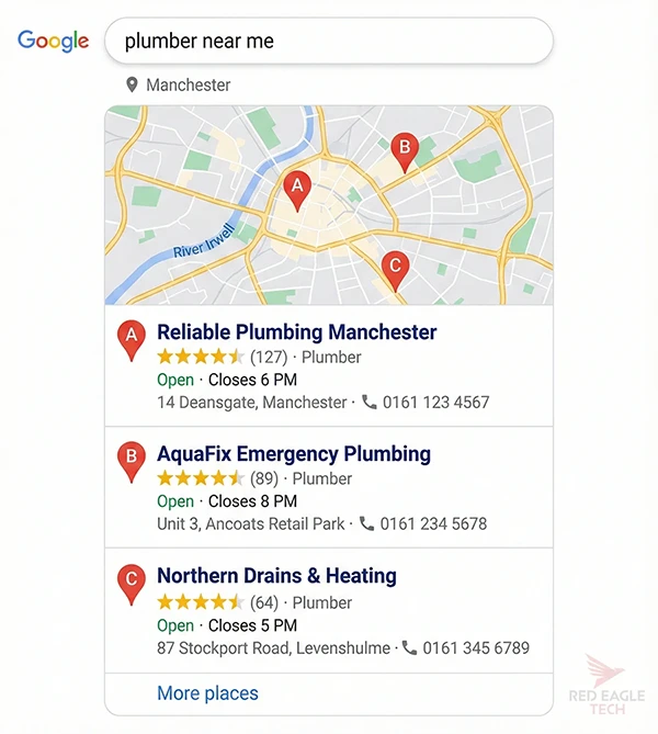 Google Local Pack search result showing a map and three local plumber listings in Manchester
