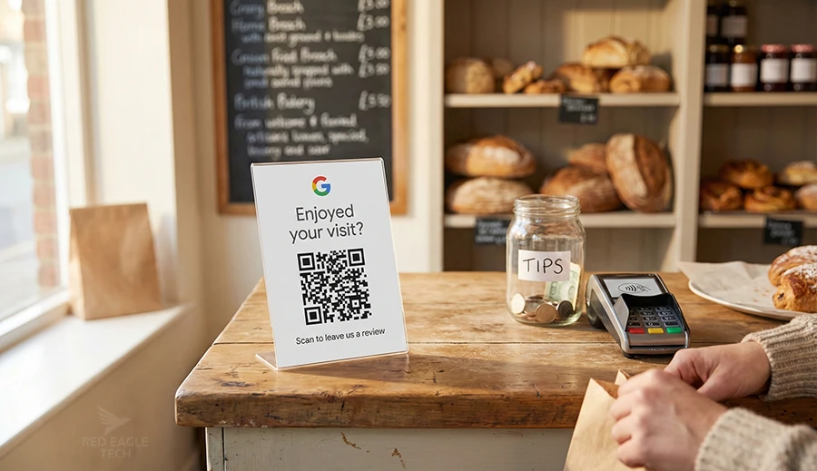 Small business counter with a printed QR code card inviting customers to leave a Google review