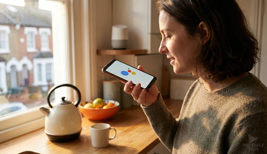 Person using voice search on a smartphone in a kitchen, asking for a local business recommendation