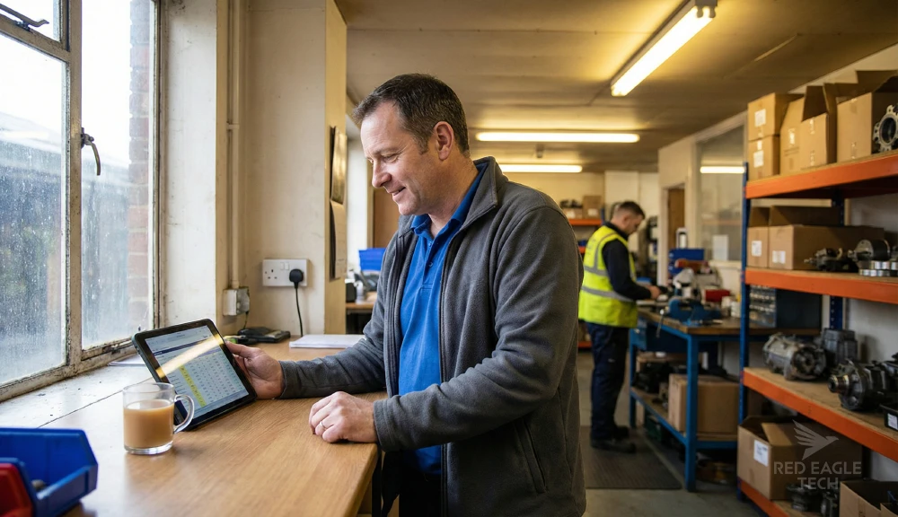 UK small business owner reviewing data on a tablet in a workshop setting