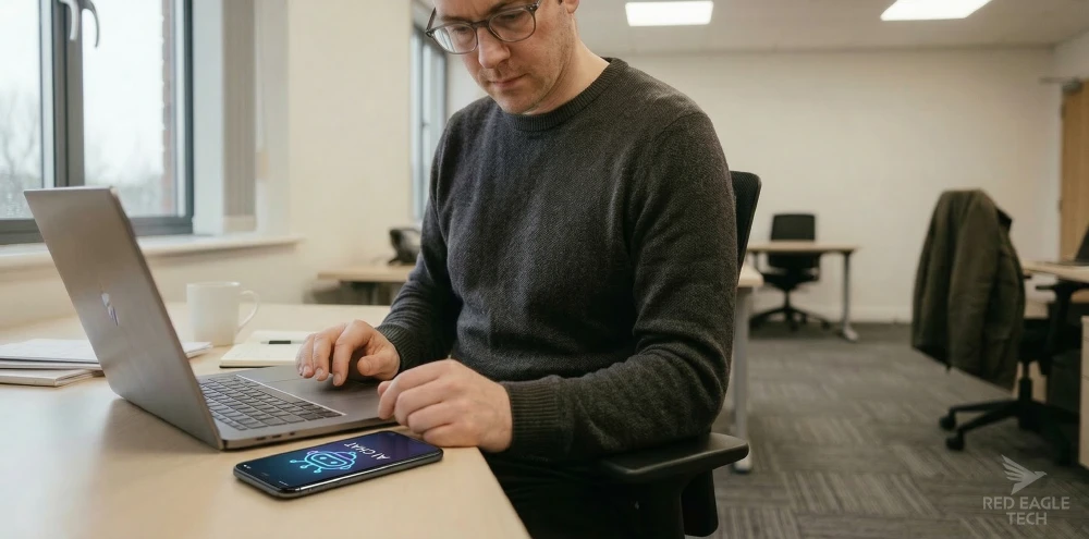 Office worker using a laptop and smartphone at a modern UK workplace desk, representing everyday shadow AI usage