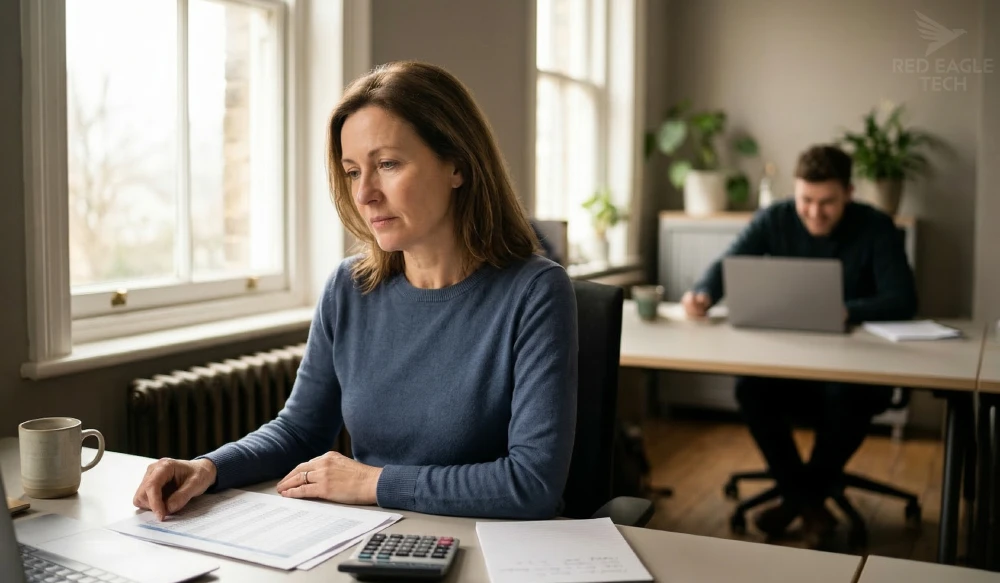 A professional woman at a modern office desk looking thoughtfully at paperwork while a colleague in the background works productively on a laptop