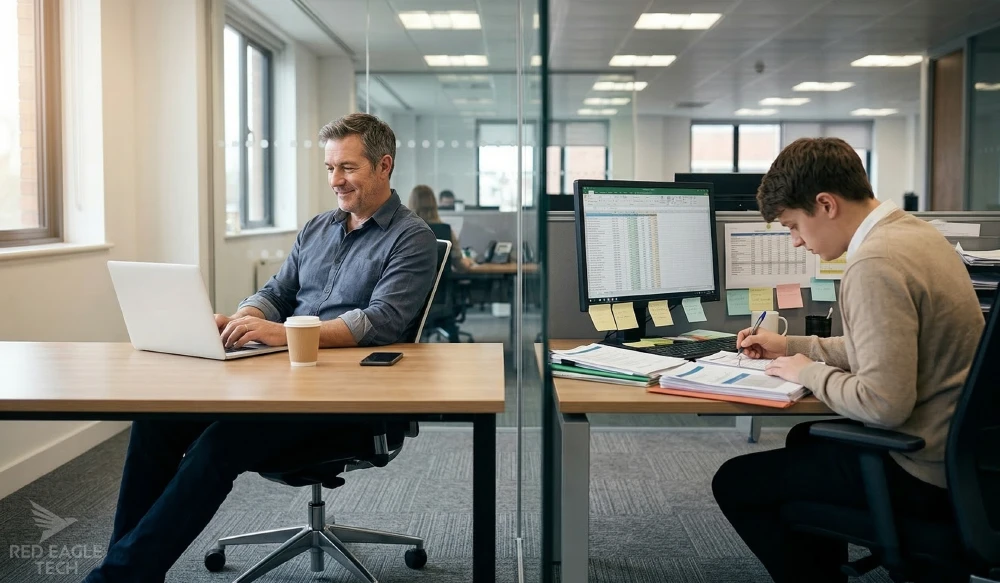 A senior manager confidently using a laptop in a glass-walled office while a junior colleague at a nearby desk works through stacks of paper documents