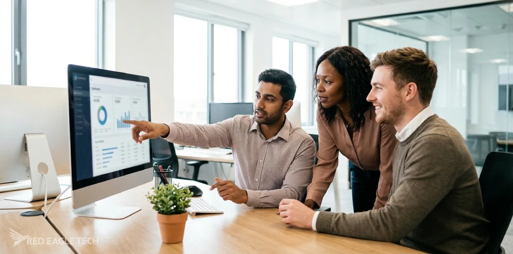 A small team of professionals collaborating energetically in a modern office, representing the empowered workplace that results from clear AI policy