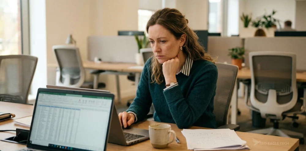 A professional office worker looking frustrated while doing repetitive manual work at their desk, representing the productivity cost of the AI permission gap