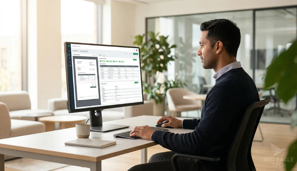 Professional reviewing automated document processing results on a modern screen in a bright UK office