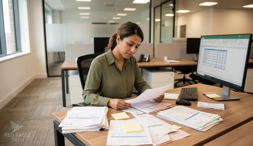 Office worker surrounded by stacks of paper invoices and documents, illustrating the manual document processing challenge
