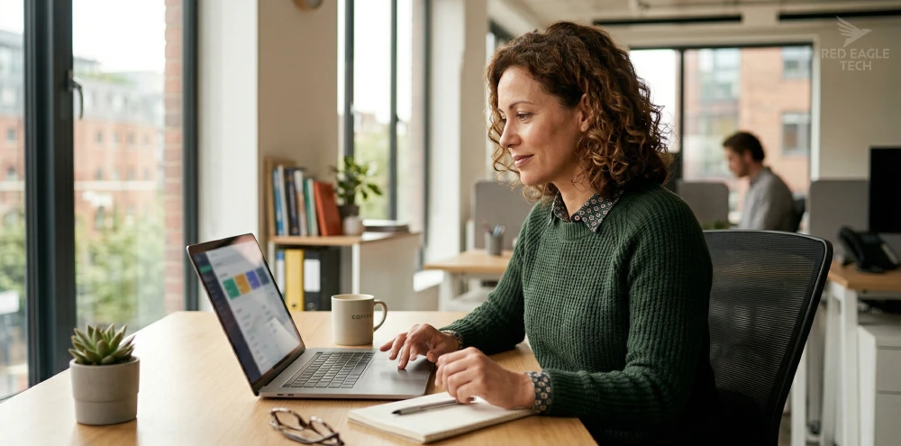 Business person reviewing a customer portal dashboard on a laptop in a modern office setting