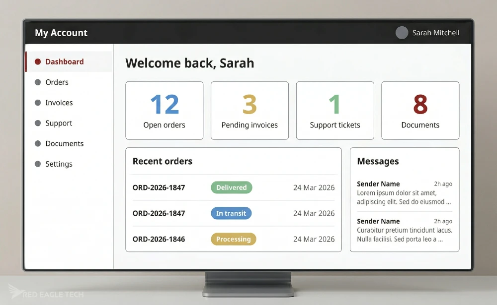 Example customer portal dashboard showing account overview, recent orders, support tickets and document library