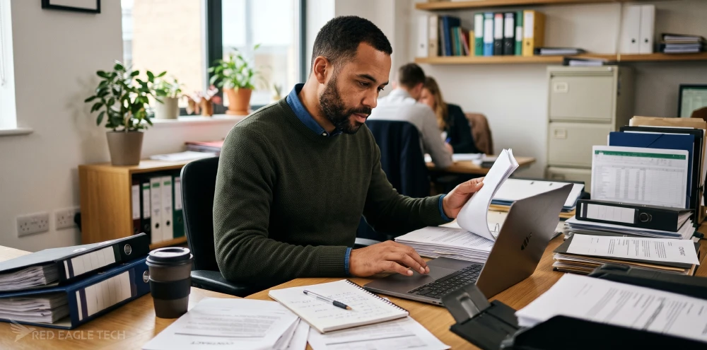 UK business professional at a cluttered desk reviewing paper contracts, folders and a spreadsheet, representing the manual contract management burden