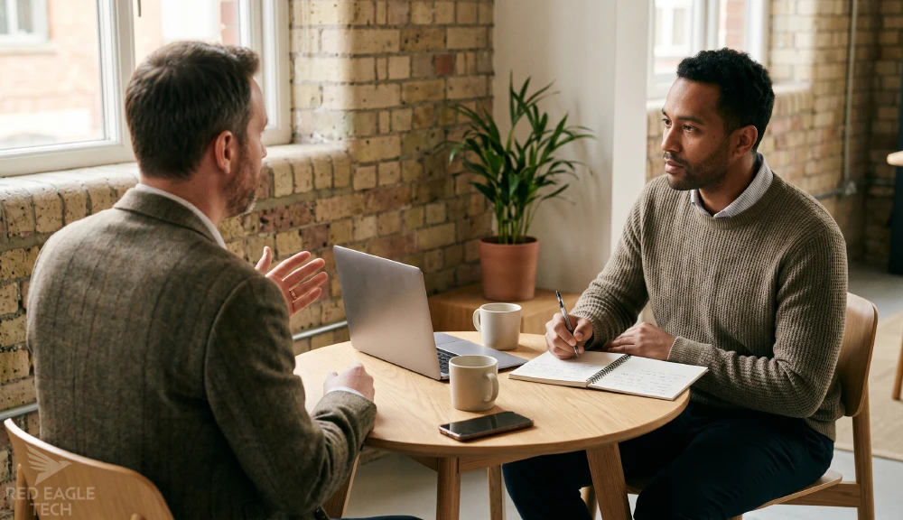 Two UK professionals in conversation, one taking notes during a product discovery interview
