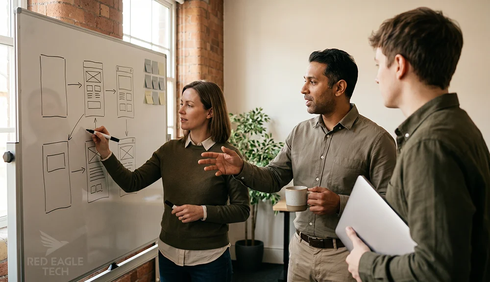 Small UK product team sketching an app interface on a whiteboard in a modern British office