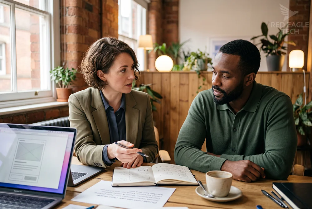 UK software development discovery conversation - boutique consultant and UK SME founder working through project scope together at a London office, mid-discussion