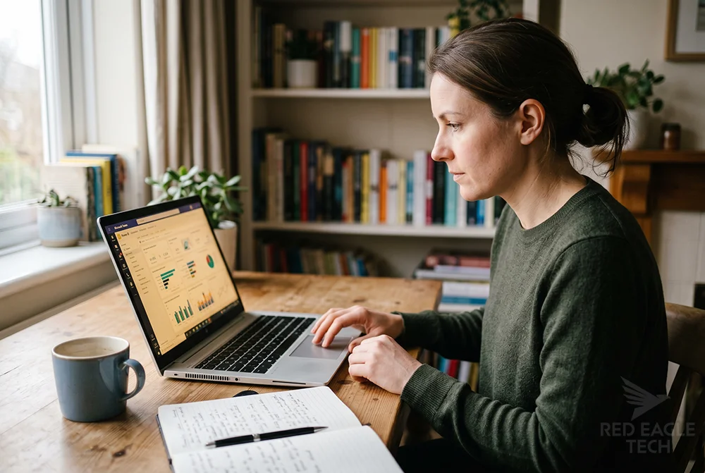 A live-online Power BI training session in progress, with a UK business learner building a report