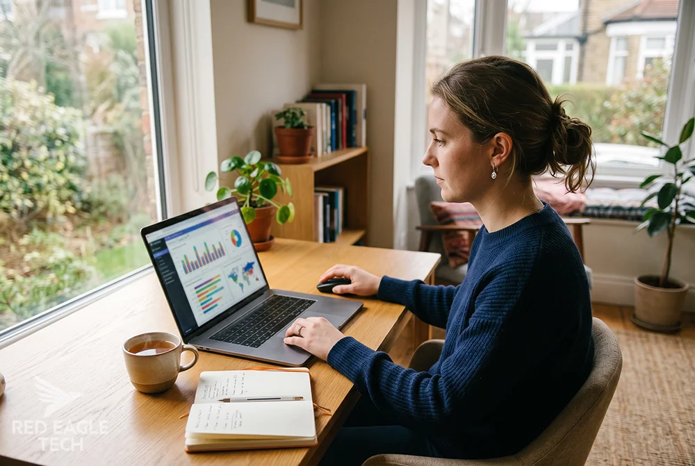 A UK professional preparing for the PL-300 exam, building a Power BI report on a laptop