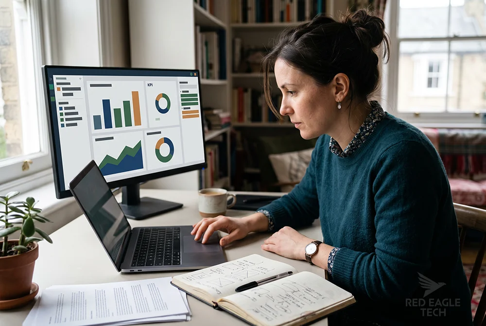 A UK professional learning Power BI at their desk, building a report