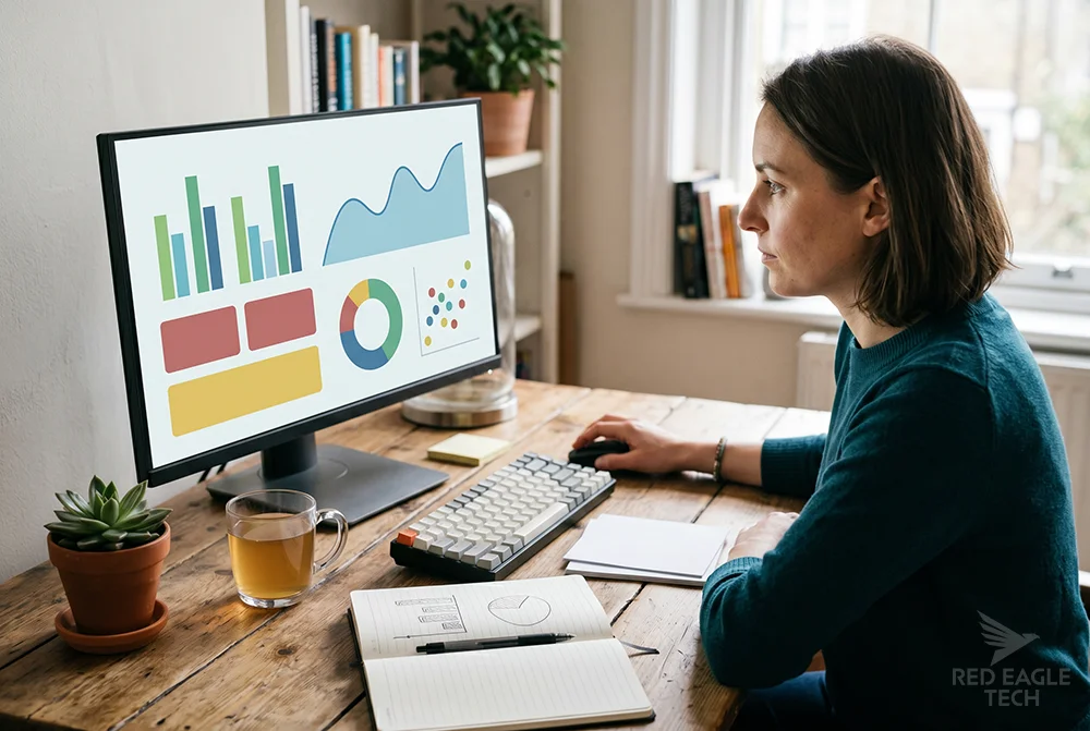 An analyst comparing Power BI and Tableau dashboards while learning a BI tool at their desk