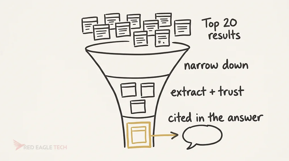 Hand-drawn sketch: an AI answer engine narrows the top organic results down to the few it can extract and cite