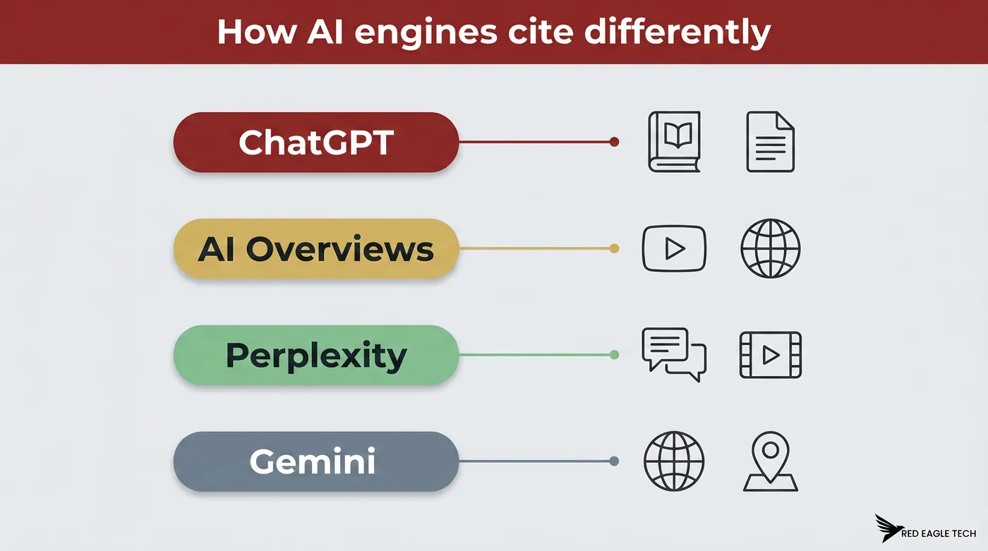 Infographic: how ChatGPT, Google AI Overviews, Perplexity and Gemini each favour different source types, from encyclopedias to forums, video and maps