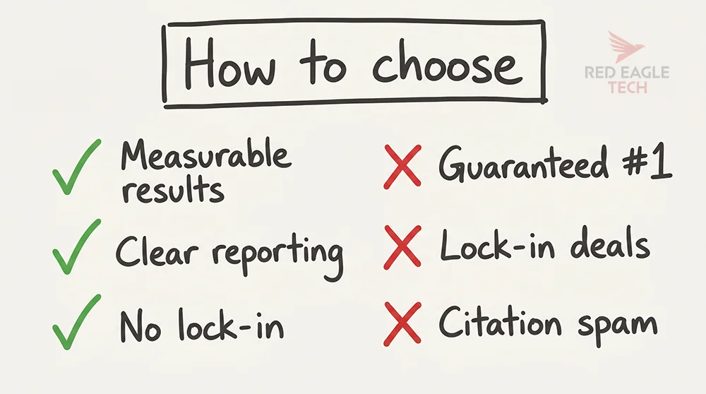 Hand-drawn checklist for choosing a local SEO provider, with green ticks for good signs and red crosses for red flags